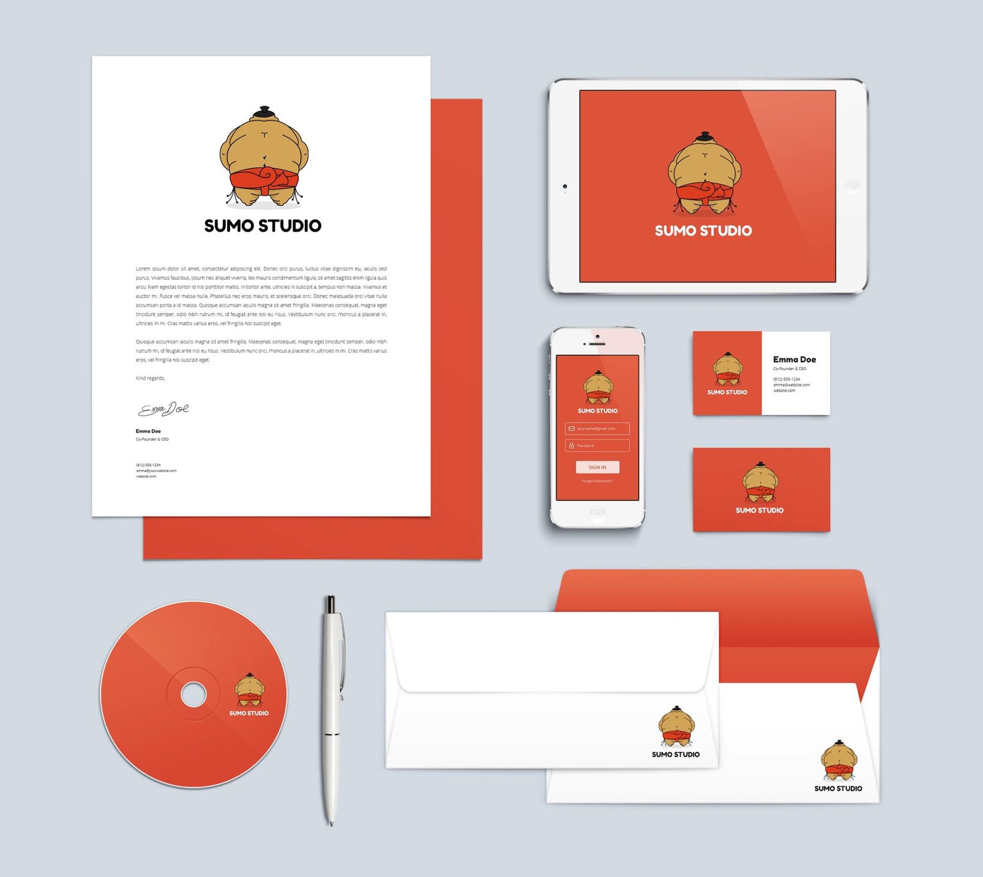 Illustrated sumo business brand logo and stationery design