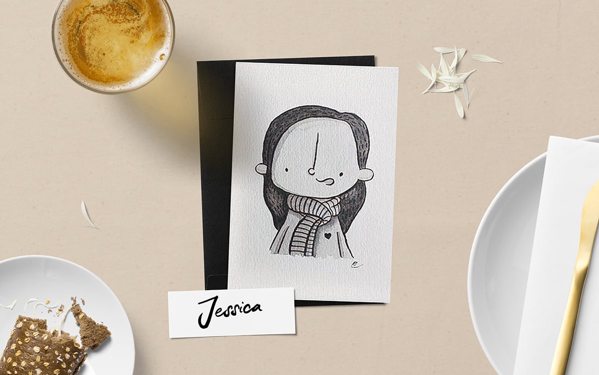 Illustrated mini wedding guest portrait favours and place settings