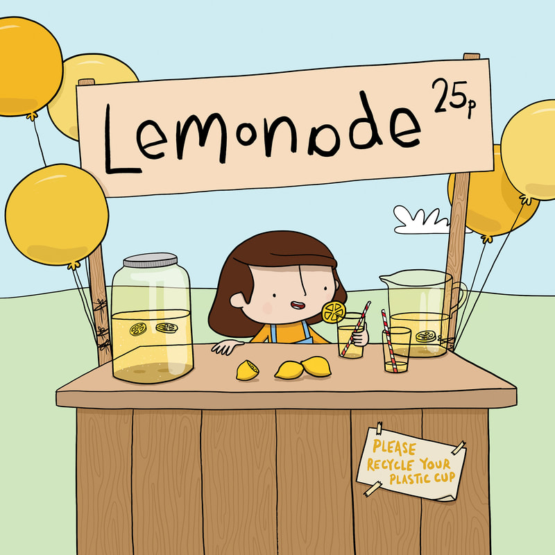 Illustrated girl in lemonade stand picture book character creation