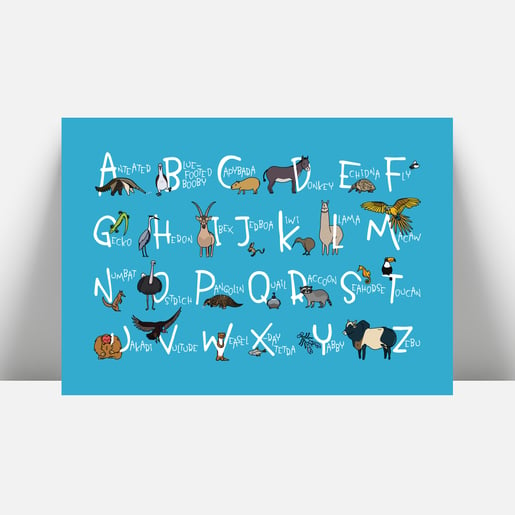 animal a-z print for children in blue